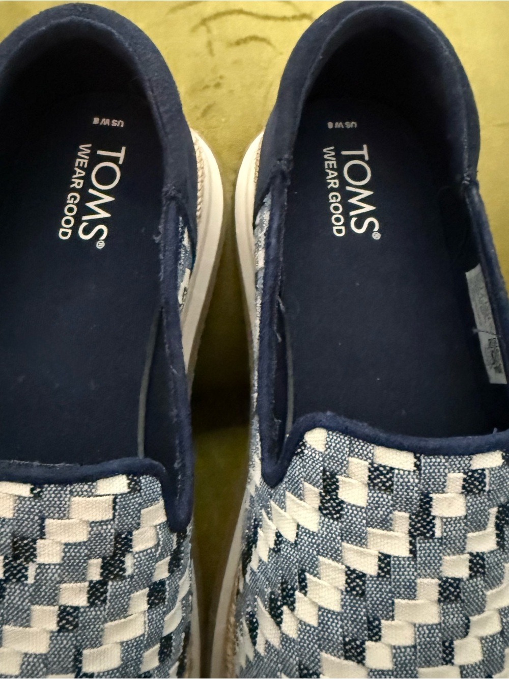 TOMS Navy and White Woven Slip-On Shoes
